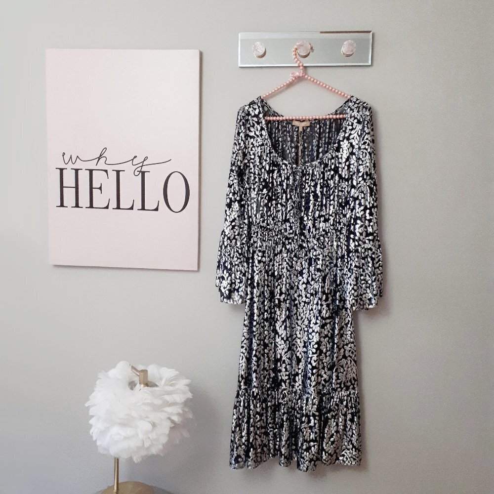 NWT Michael Kors black & silver metallic fibre floral print long sleeve dress, 8 - Picture 2 of 12